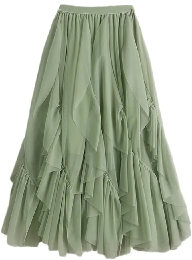 2 Layer Irregular Tulle Skirt Women Autumn Winter High Waist Gown A Line Skirt Female Midi Long Mesh Skirts
