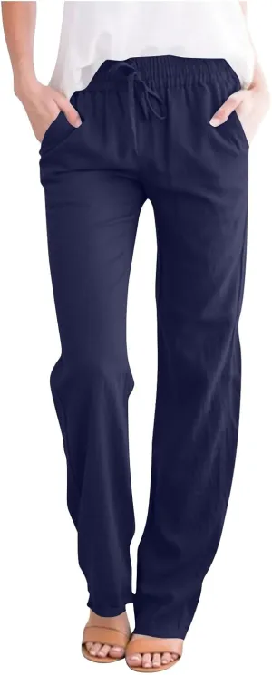2025 Women Summer Lounge Pants High Waisted Cotton Linen Palazzo Pants Wide Leg Long Trousers with Pockets Fit Slacks