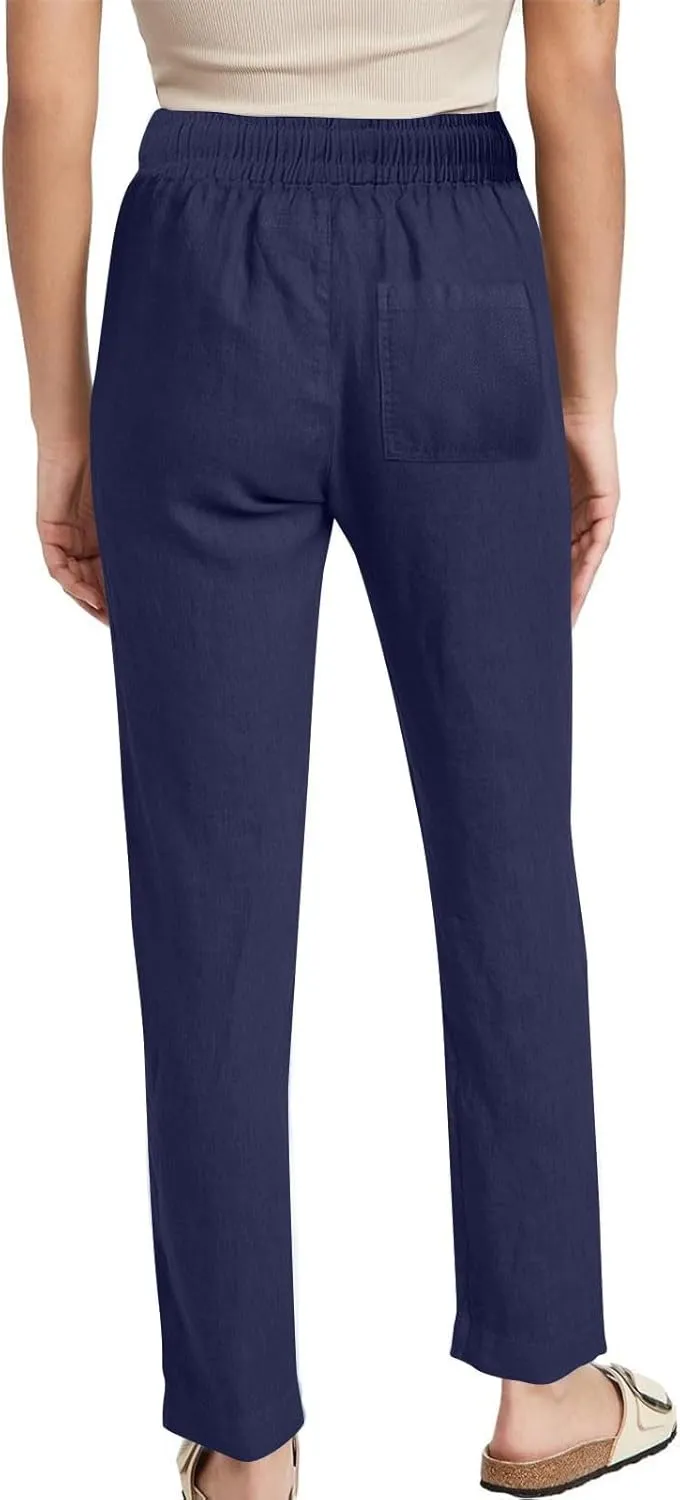 2025 Women Summer Lounge Pants High Waisted Cotton Linen Palazzo Pants Wide Leg Long Trousers with Pockets Fit Slacks