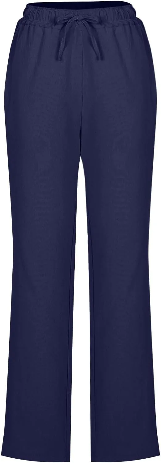 2025 Women Summer Lounge Pants High Waisted Cotton Linen Palazzo Pants Wide Leg Long Trousers with Pockets Fit Slacks