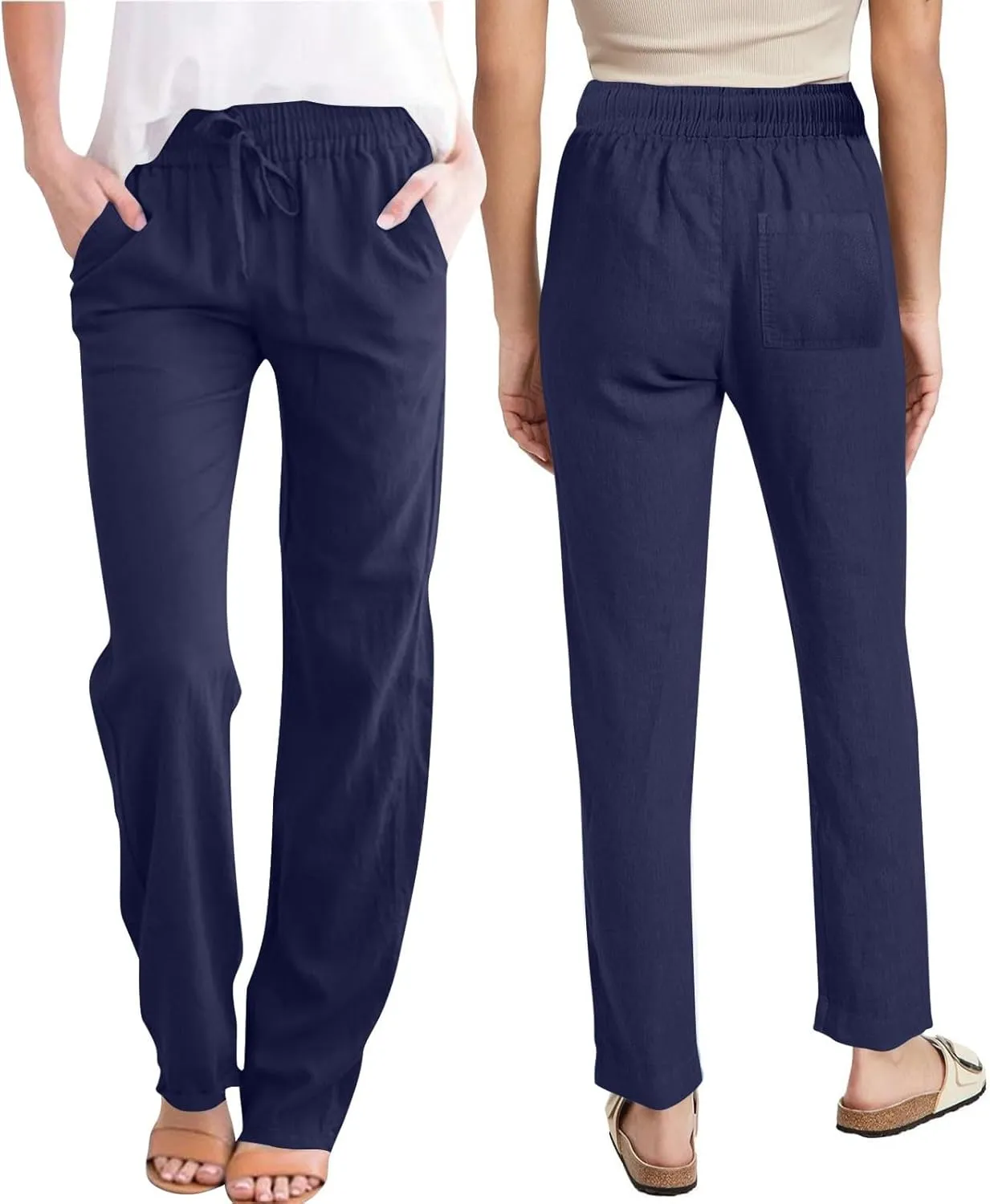 2025 Women Summer Lounge Pants High Waisted Cotton Linen Palazzo Pants Wide Leg Long Trousers with Pockets Fit Slacks