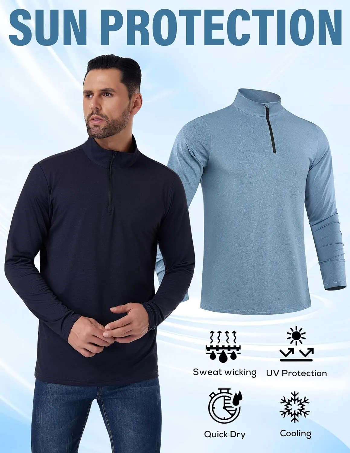 4 Pack Mens Sun Shirts UPF 50  Rash Guard Quarter Zip Pullover Quick Dry Long Sleeve for Outdoor Workout