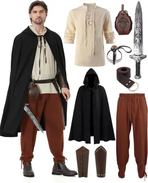 9Pcs Mens Renaissance Viking Costumes Set for Men Medieval Pirate Elf Hunter Ren Faire Costume Full Outfit