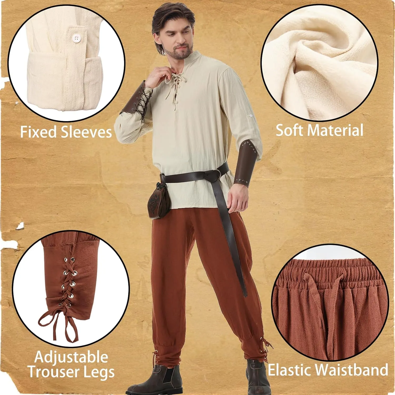 9Pcs Mens Renaissance Viking Costumes Set for Men Medieval Pirate Elf Hunter Ren Faire Costume Full Outfit