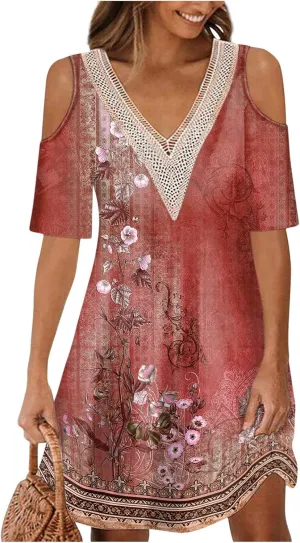 Akivide Womens Boho Floral Printed Cold Shoulder Dresses Beach Summer Vacation Casual Loose Knee Length Shift Tunic Dress