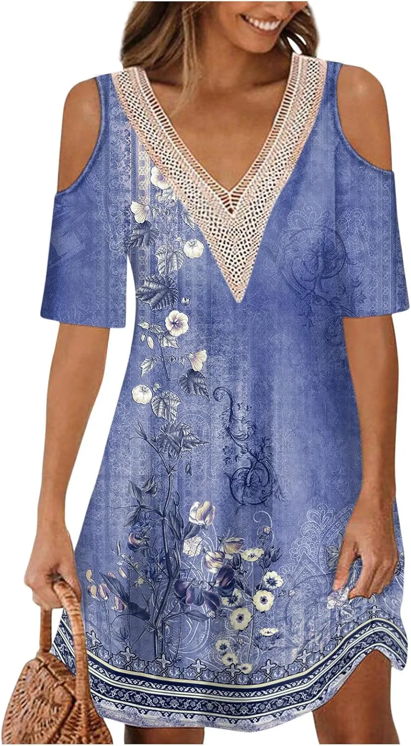 Akivide Womens Boho Floral Printed Cold Shoulder Dresses Beach Summer Vacation Casual Loose Knee Length Shift Tunic Dress
