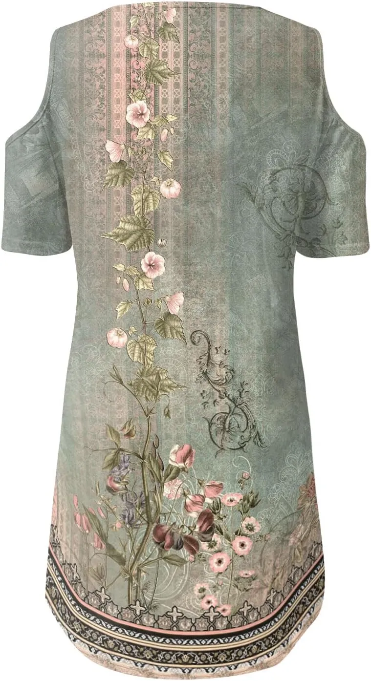 Akivide Womens Boho Floral Printed Cold Shoulder Dresses Beach Summer Vacation Casual Loose Knee Length Shift Tunic Dress