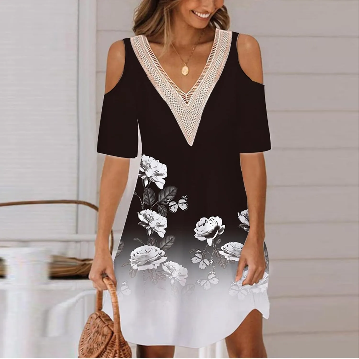 Akivide Womens Boho Floral Printed Cold Shoulder Dresses Beach Summer Vacation Casual Loose Knee Length Shift Tunic Dress