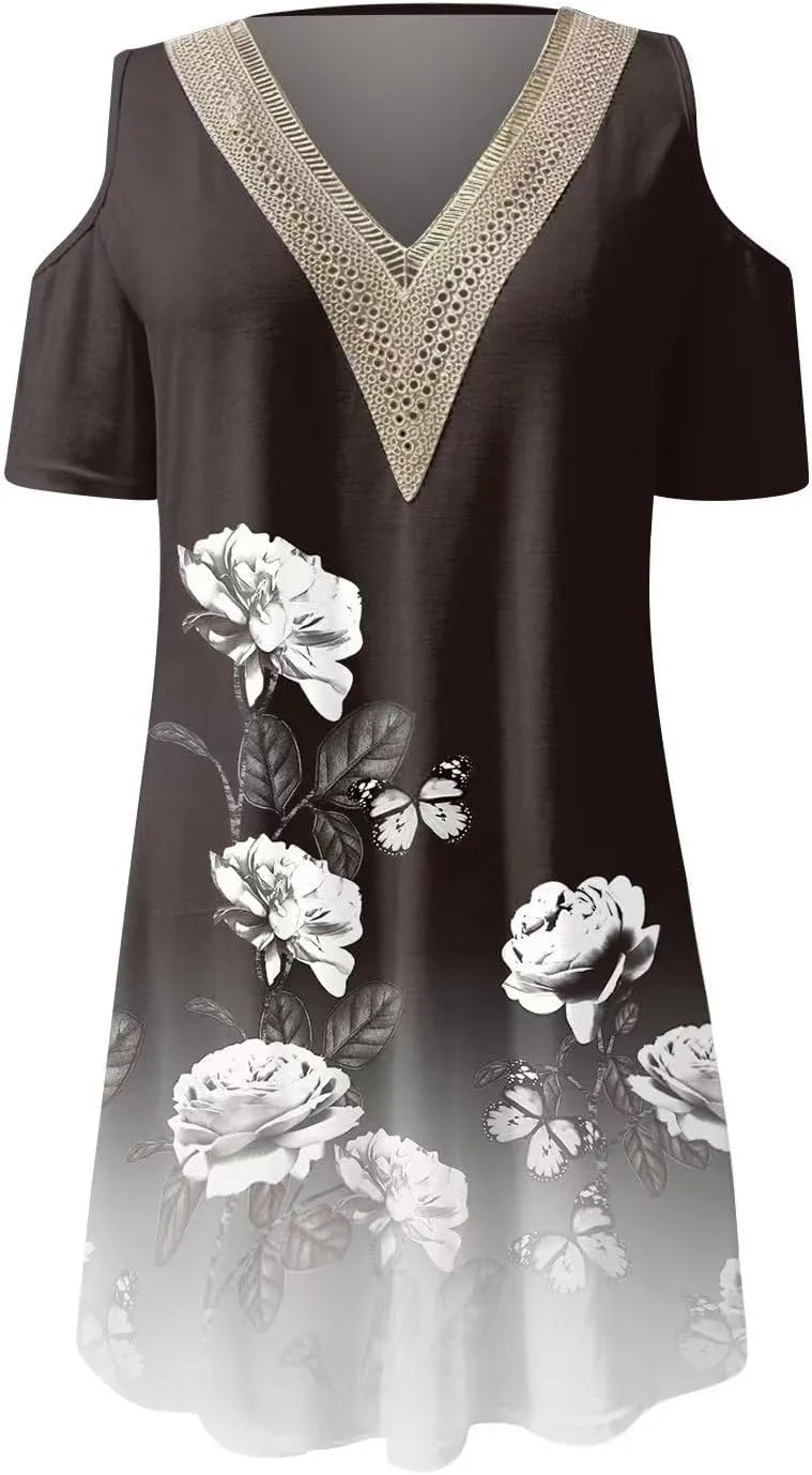 Akivide Womens Boho Floral Printed Cold Shoulder Dresses Beach Summer Vacation Casual Loose Knee Length Shift Tunic Dress