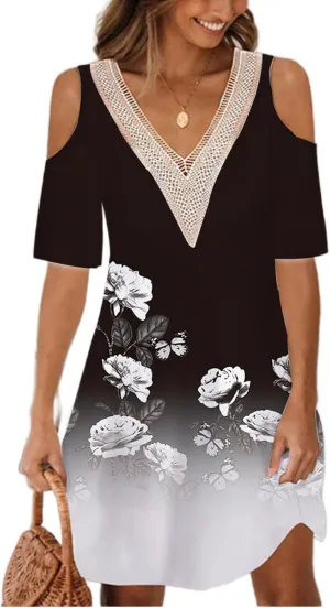 Akivide Womens Boho Floral Printed Cold Shoulder Dresses Beach Summer Vacation Casual Loose Knee Length Shift Tunic Dress
