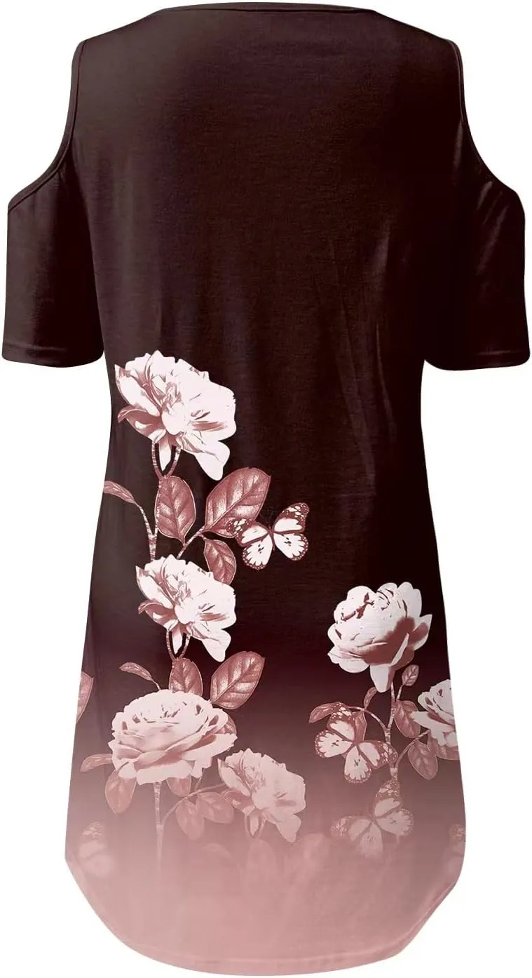 Akivide Womens Boho Floral Printed Cold Shoulder Dresses Beach Summer Vacation Casual Loose Knee Length Shift Tunic Dress