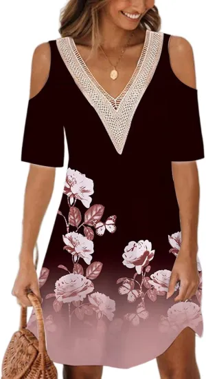 Akivide Womens Boho Floral Printed Cold Shoulder Dresses Beach Summer Vacation Casual Loose Knee Length Shift Tunic Dress