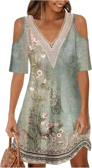 Akivide Womens Boho Floral Printed Cold Shoulder Dresses Beach Summer Vacation Casual Loose Knee Length Shift Tunic Dress