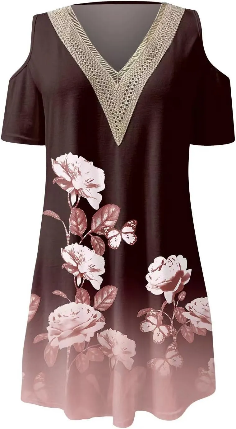 Akivide Womens Boho Floral Printed Cold Shoulder Dresses Beach Summer Vacation Casual Loose Knee Length Shift Tunic Dress