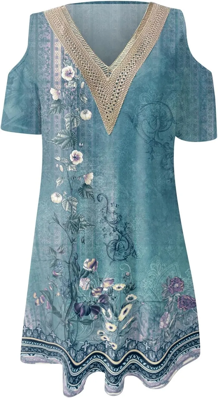 Akivide Womens Boho Floral Printed Cold Shoulder Dresses Beach Summer Vacation Casual Loose Knee Length Shift Tunic Dress