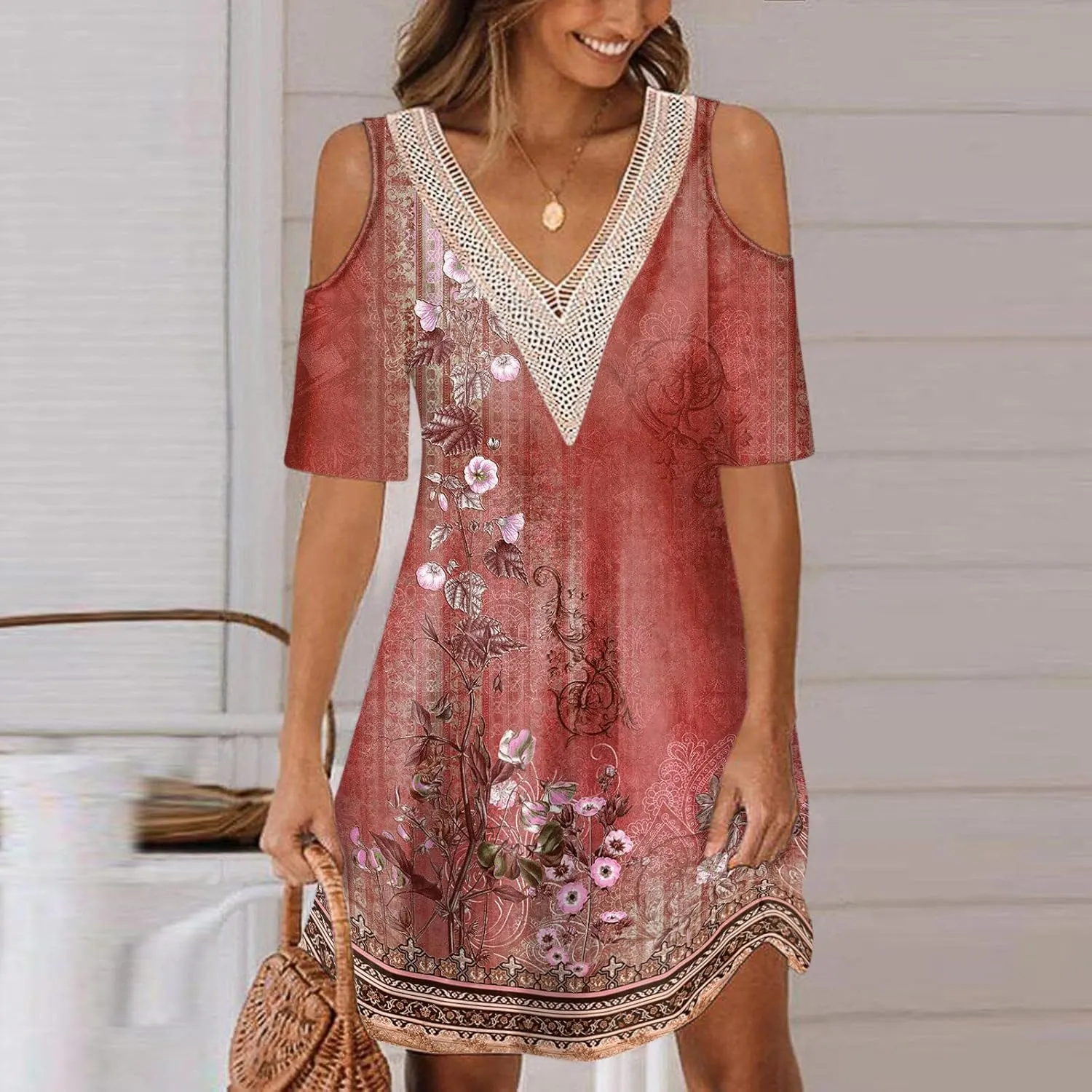 Akivide Womens Boho Floral Printed Cold Shoulder Dresses Beach Summer Vacation Casual Loose Knee Length Shift Tunic Dress