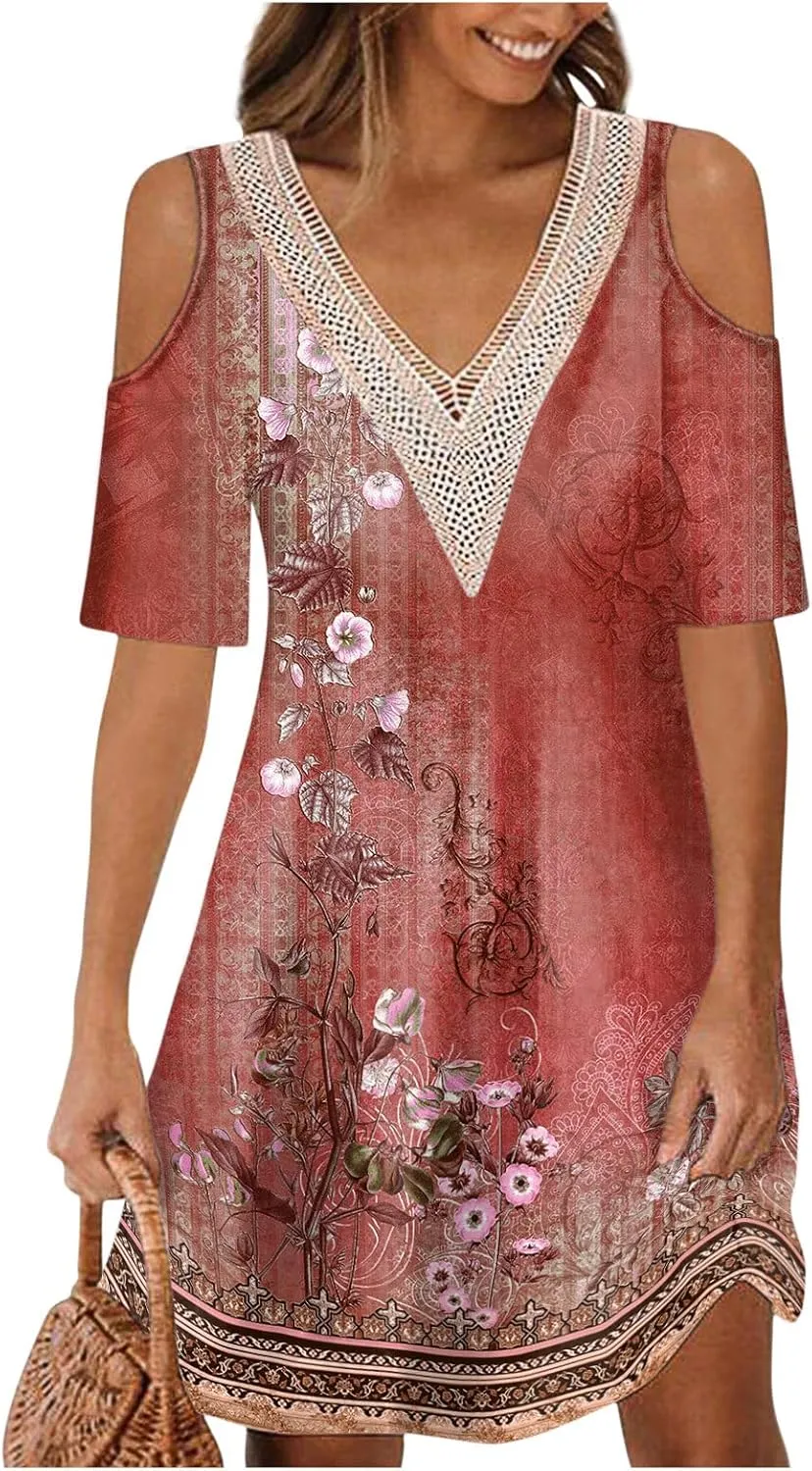 Akivide Womens Boho Floral Printed Cold Shoulder Dresses Beach Summer Vacation Casual Loose Knee Length Shift Tunic Dress