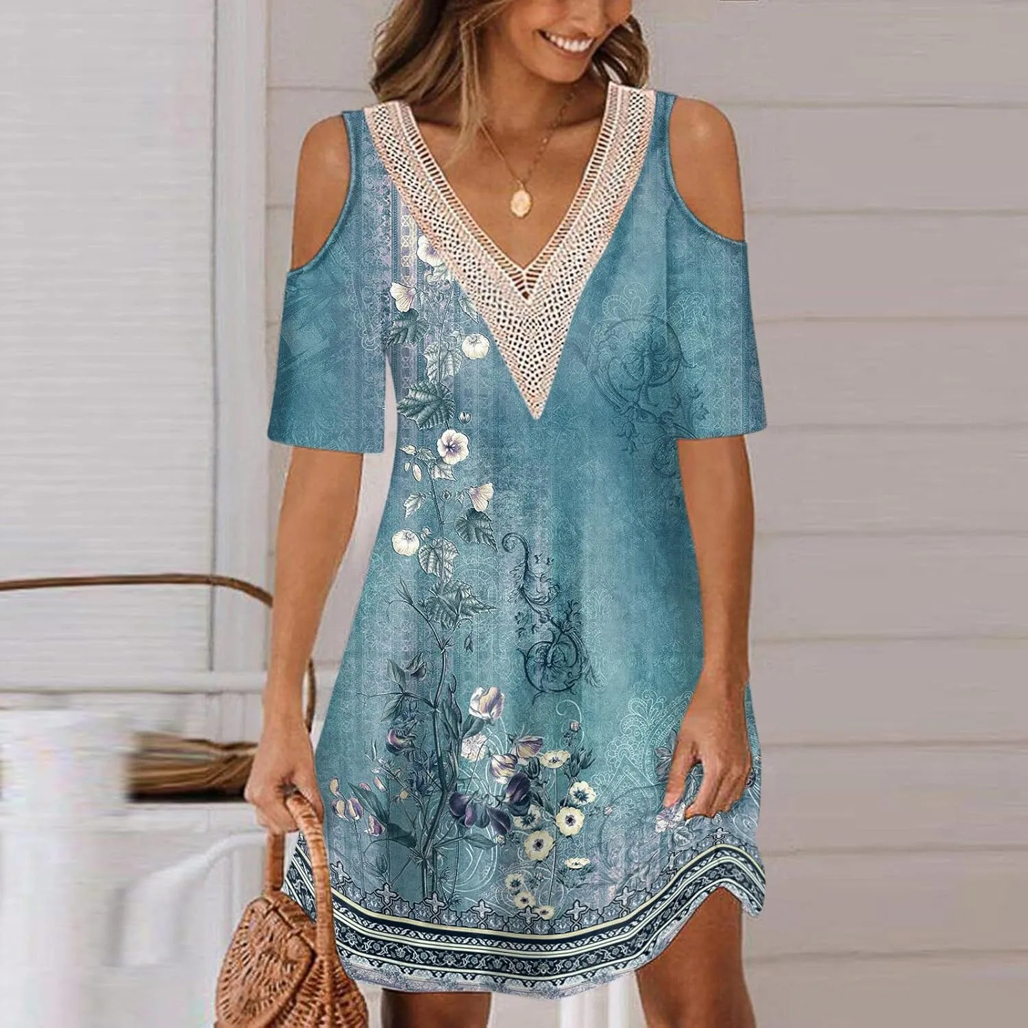 Akivide Womens Boho Floral Printed Cold Shoulder Dresses Beach Summer Vacation Casual Loose Knee Length Shift Tunic Dress