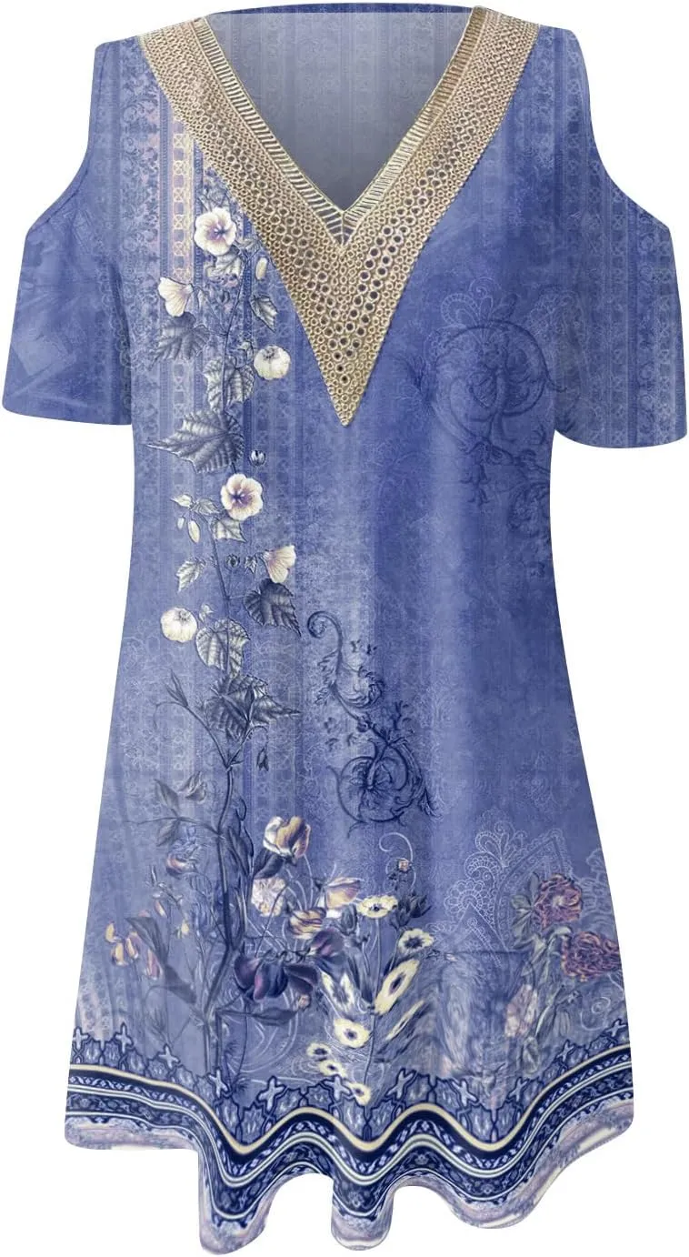 Akivide Womens Boho Floral Printed Cold Shoulder Dresses Beach Summer Vacation Casual Loose Knee Length Shift Tunic Dress