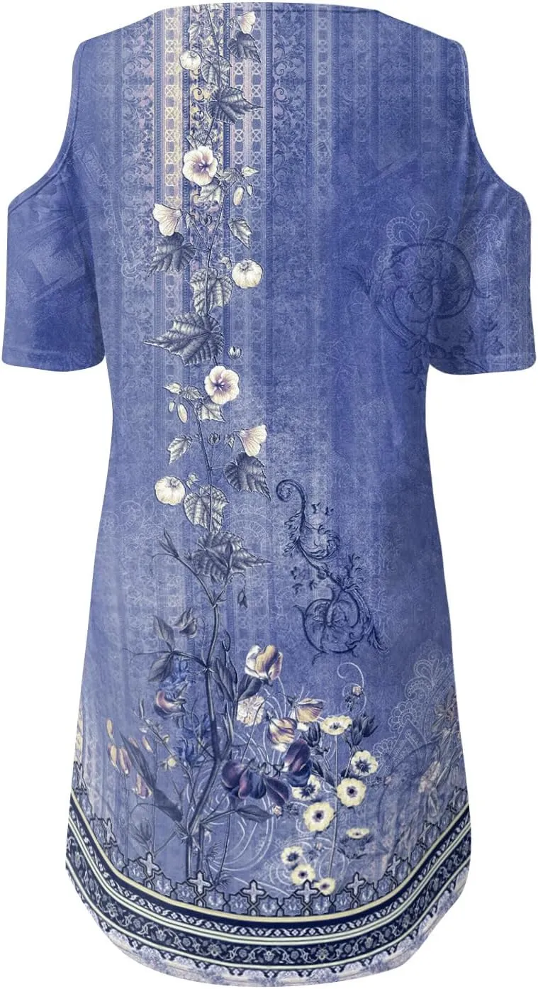 Akivide Womens Boho Floral Printed Cold Shoulder Dresses Beach Summer Vacation Casual Loose Knee Length Shift Tunic Dress