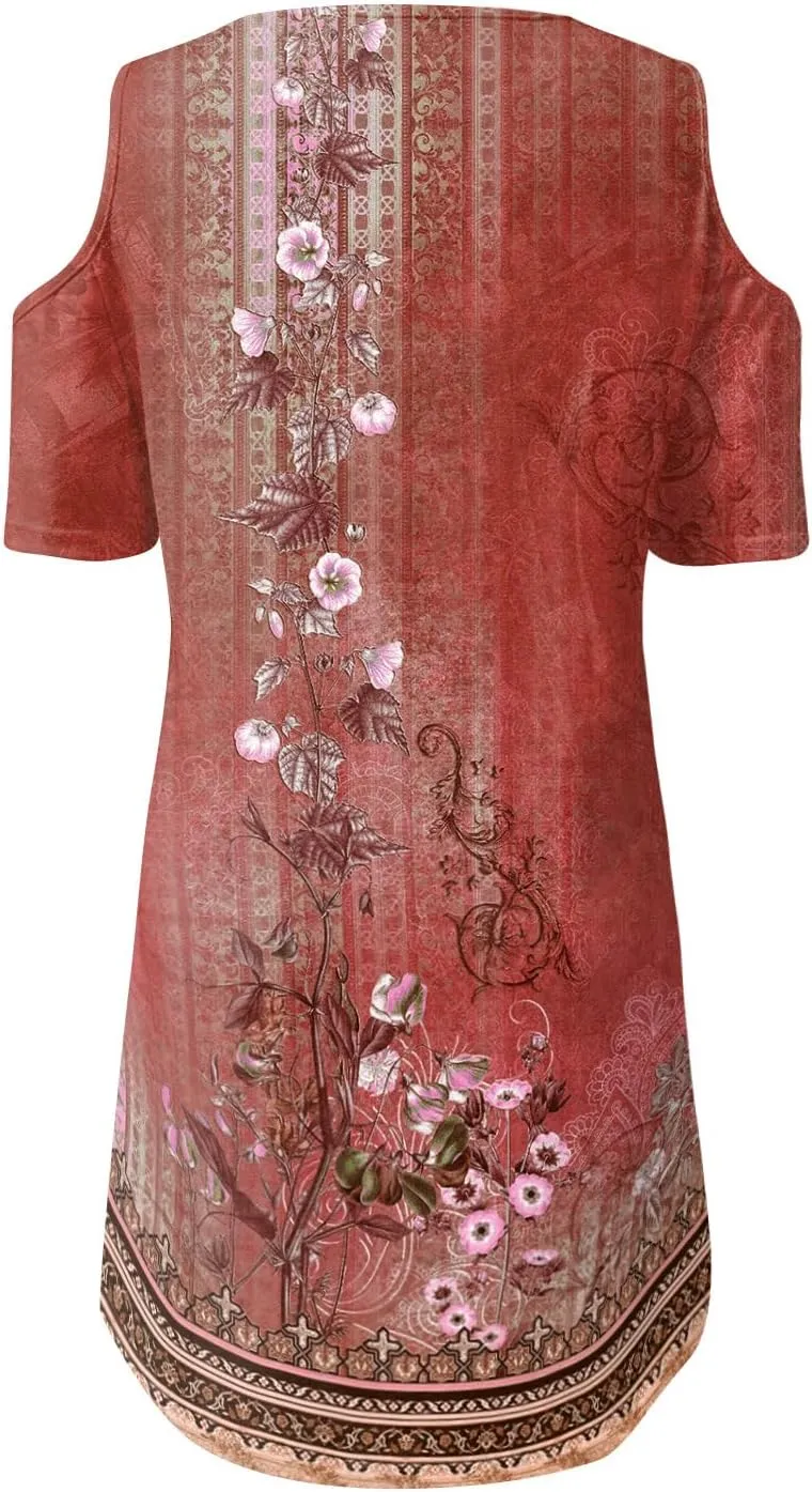 Akivide Womens Boho Floral Printed Cold Shoulder Dresses Beach Summer Vacation Casual Loose Knee Length Shift Tunic Dress
