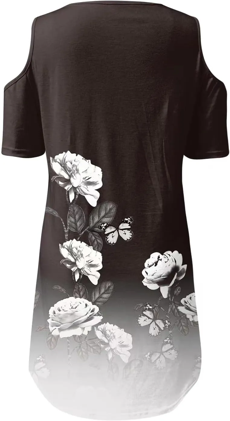Akivide Womens Boho Floral Printed Cold Shoulder Dresses Beach Summer Vacation Casual Loose Knee Length Shift Tunic Dress
