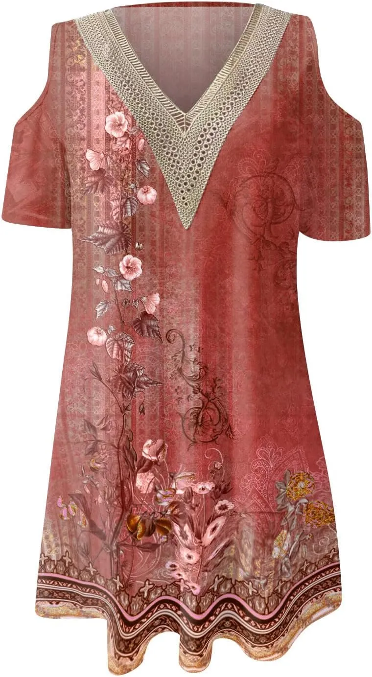 Akivide Womens Boho Floral Printed Cold Shoulder Dresses Beach Summer Vacation Casual Loose Knee Length Shift Tunic Dress