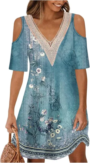 Akivide Womens Boho Floral Printed Cold Shoulder Dresses Beach Summer Vacation Casual Loose Knee Length Shift Tunic Dress