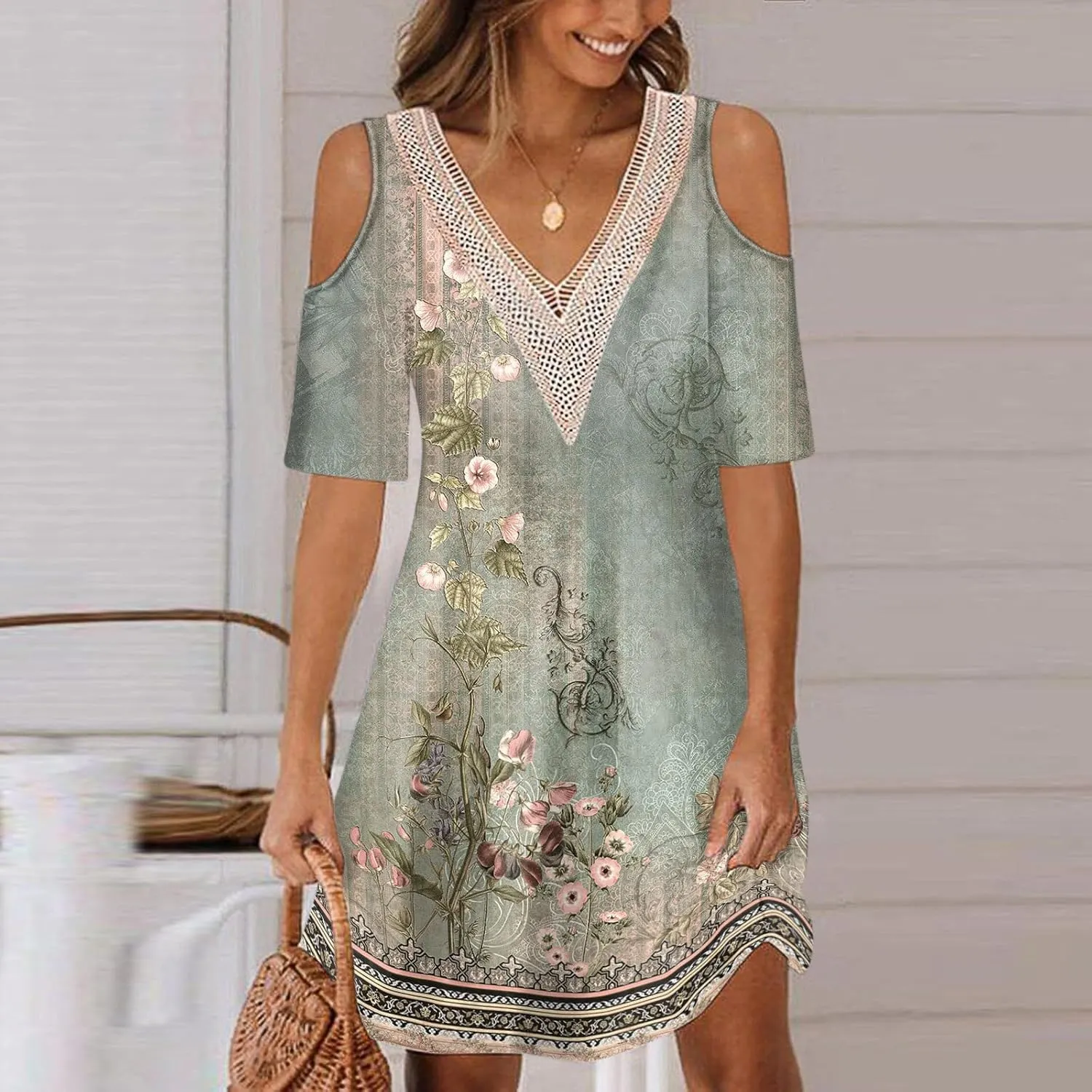 Akivide Womens Boho Floral Printed Cold Shoulder Dresses Beach Summer Vacation Casual Loose Knee Length Shift Tunic Dress