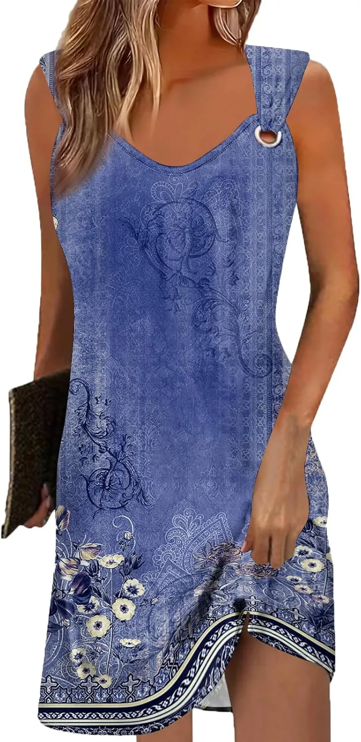 Akivide Womens Boho Floral Printed V Neck Sundresses Ethnic Summer Beach Vacation Sleeveless Tunic Dress with Pockets