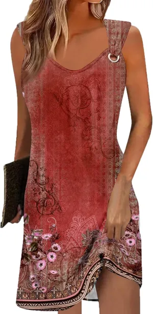 Akivide Womens Boho Floral Printed V Neck Sundresses Ethnic Summer Beach Vacation Sleeveless Tunic Dress with Pockets