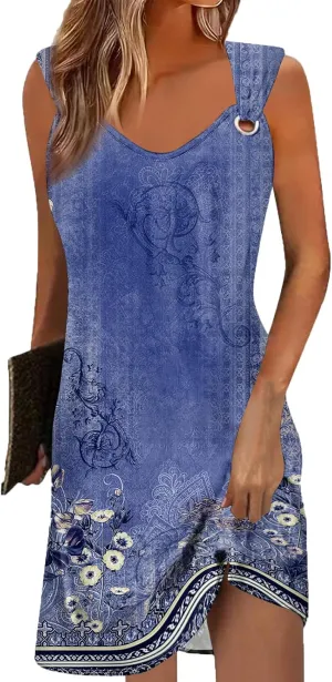Akivide Womens Boho Floral Printed V Neck Sundresses Ethnic Summer Beach Vacation Sleeveless Tunic Dress with Pockets