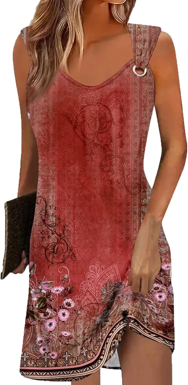 Akivide Womens Boho Floral Printed V Neck Sundresses Ethnic Summer Beach Vacation Sleeveless Tunic Dress with Pockets