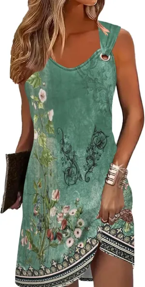 Akivide Womens Boho Floral Printed V Neck Sundresses Ethnic Summer Beach Vacation Sleeveless Tunic Dress with Pockets