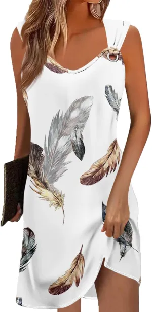 Akivide Womens Boho Floral Printed V Neck Sundresses Ethnic Summer Beach Vacation Sleeveless Tunic Dress with Pockets