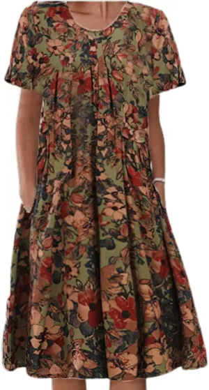 Akivide Womens Boho Floral Short Sleeve Flowy Dress Casual Summer Loose Swing Tshirt Midi Dresses with Pockets