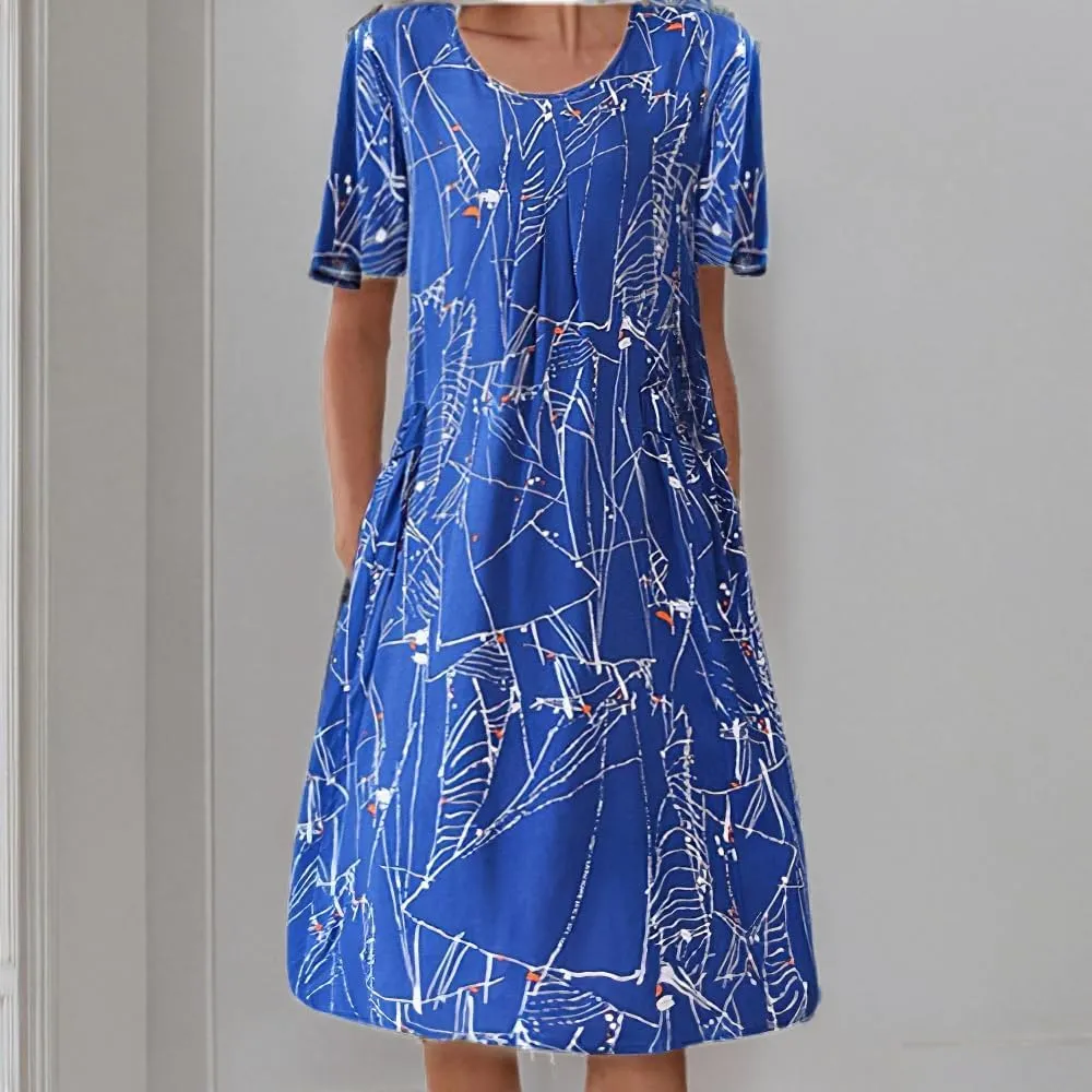 Akivide Womens Boho Floral Short Sleeve Flowy Dress Casual Summer Loose Swing Tshirt Midi Dresses with Pockets
