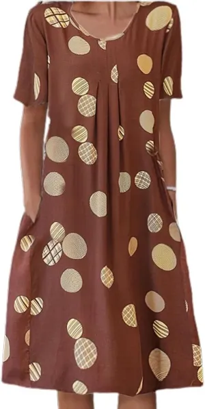 Akivide Womens Boho Floral Short Sleeve Flowy Dress Casual Summer Loose Swing Tshirt Midi Dresses with Pockets