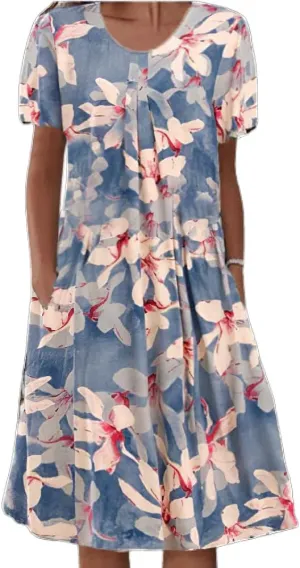 Akivide Womens Boho Floral Short Sleeve Flowy Dress Casual Summer Loose Swing Tshirt Midi Dresses with Pockets