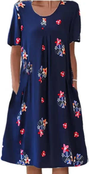 Akivide Womens Boho Floral Short Sleeve Flowy Dress Casual Summer Loose Swing Tshirt Midi Dresses with Pockets