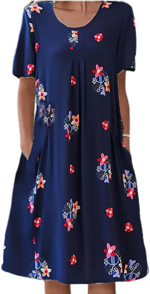 Akivide Womens Boho Floral Short Sleeve Flowy Dress Casual Summer Loose Swing Tshirt Midi Dresses with Pockets