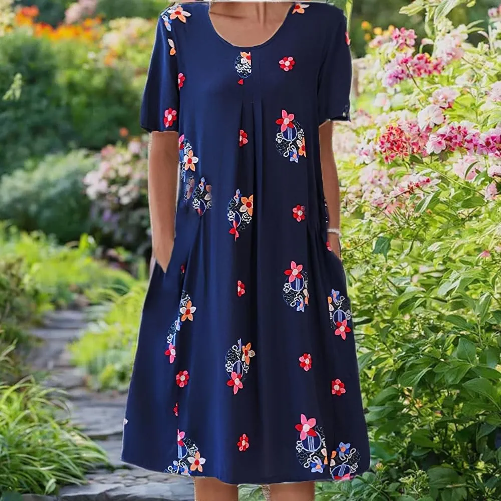 Akivide Womens Boho Floral Short Sleeve Flowy Dress Casual Summer Loose Swing Tshirt Midi Dresses with Pockets