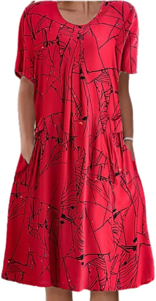 Akivide Womens Boho Floral Short Sleeve Flowy Dress Casual Summer Loose Swing Tshirt Midi Dresses with Pockets