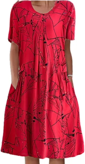 Akivide Womens Boho Floral Short Sleeve Flowy Dress Casual Summer Loose Swing Tshirt Midi Dresses with Pockets
