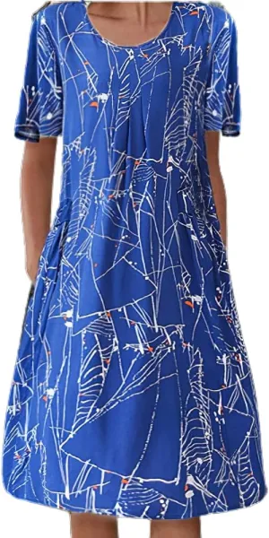 Akivide Womens Boho Floral Short Sleeve Flowy Dress Casual Summer Loose Swing Tshirt Midi Dresses with Pockets