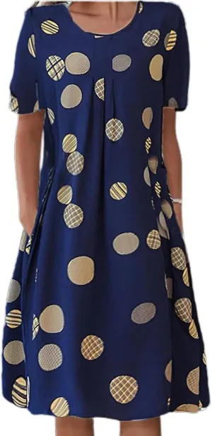 Akivide Womens Boho Floral Short Sleeve Flowy Dress Casual Summer Loose Swing Tshirt Midi Dresses with Pockets