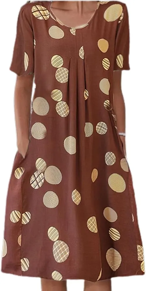 Akivide Womens Boho Floral Short Sleeve Flowy Dress Casual Summer Loose Swing Tshirt Midi Dresses with Pockets