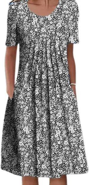 Akivide Women's Boho Floral Short Sleeve T Shirt Dress Summer Casual Loose Swing Tshirt Midi Dresses with Pockets