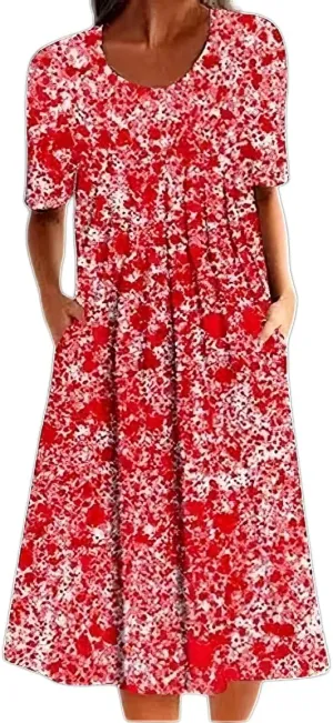 Akivide Women's Boho Floral Short Sleeve T Shirt Dress Summer Casual Loose Swing Tshirt Midi Dresses with Pockets