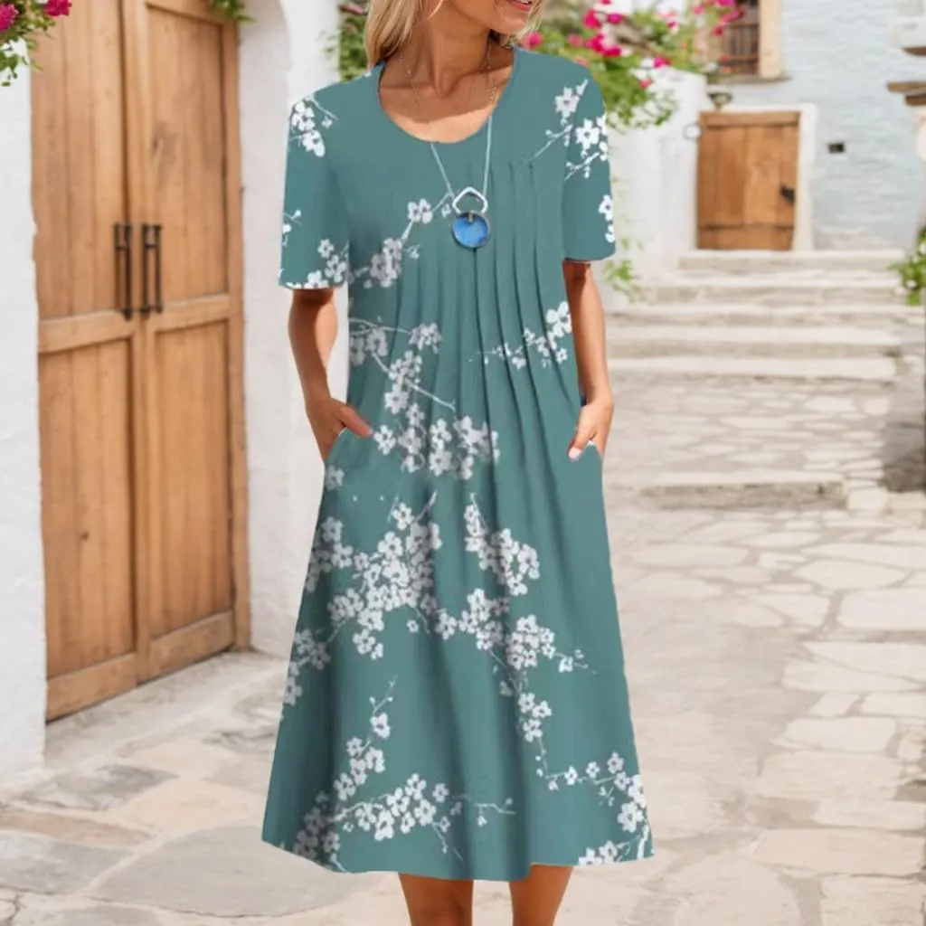 Akivide Women's Boho Floral Short Sleeve T Shirt Dress Summer Casual Loose Swing Tshirt Midi Dresses with Pockets